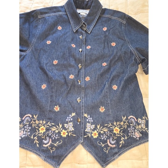 Vintage Stonebridge Denim Button Up Top Shirt Short Sleeve 14 Floral Embroidery - Picture 2 of 9